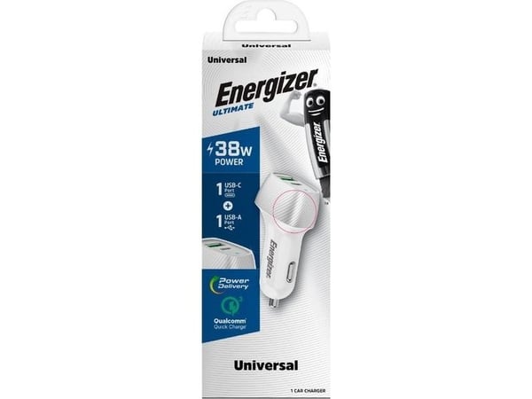 Energizer Ultimate - USB-C &amp; USB-A 38W PD + QC3.0 autolaturi (valkoinen / hopea)