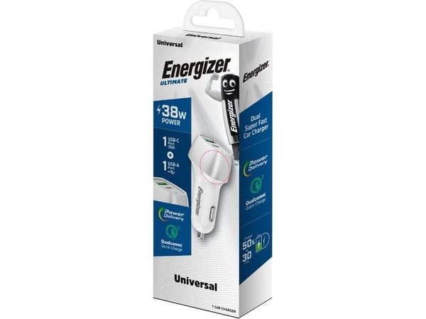 Energizer Ultimate - USB-C &amp; USB-A 38W PD + QC3.0 autolaturi (valkoinen / hopea)