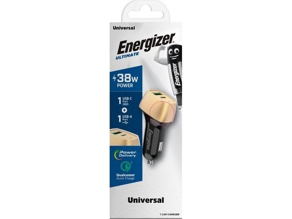 Energizer Ultimate bil-lader USB-C & USB-A 38W PD + QC3.0 (gull/svart)