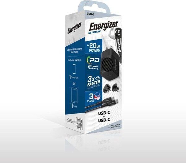 Energizer Ultimate - Multiplug EU / UK / US GaN 20W PD verkkolaturi + USB-C-kaapeli (musta)