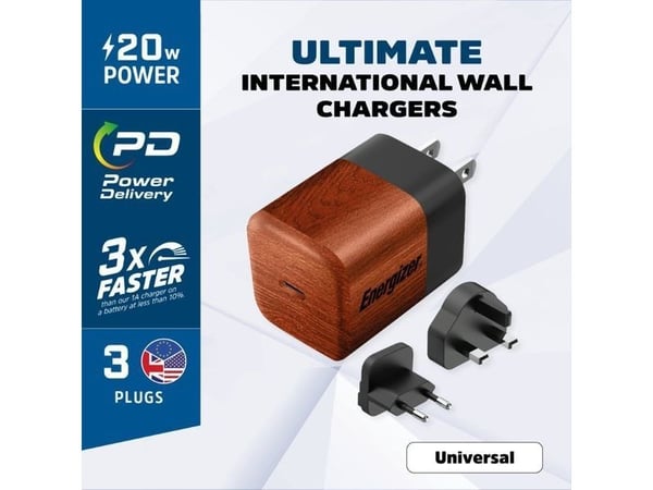 Energizer Ultimate - Multiplug EU / UK / US GaN 20W PD vegglader (valnøtt)