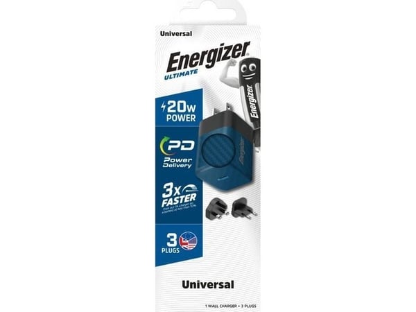 Energizer Ultimate GaN nettlader Multiplug EU/UK/US 20W PD (blå)