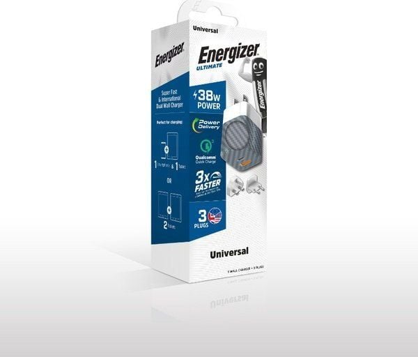 Energizer Ultimate nettlader Multiplug EU/UK/US GaN 38W PD + QC3.0 (sølv)