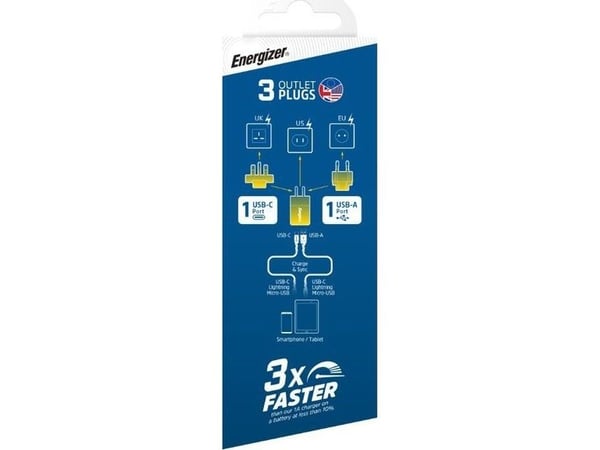 Energizer Ultimate nettlader Multiplug EU/UK/US GaN 38W PD + QC3.0 (sølv)