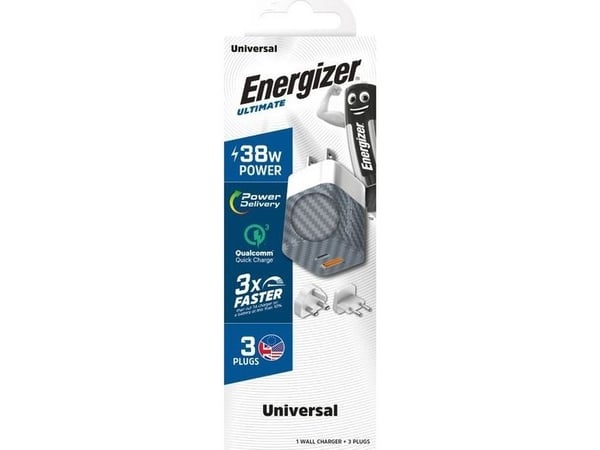 Energizer Ultimate nettlader Multiplug EU/UK/US GaN 38W PD + QC3.0 (sølv)