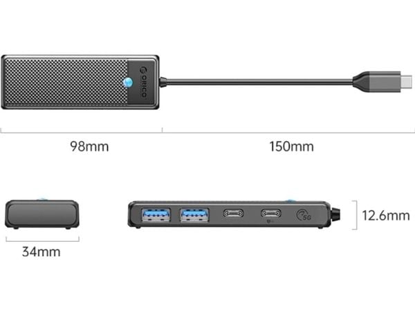 USB-hub Orico USB-C 5Gbps, 2x USB-A, 2x USB-C, Power Delivery 100W (PAPW2AC-C3-015-BK-EP)