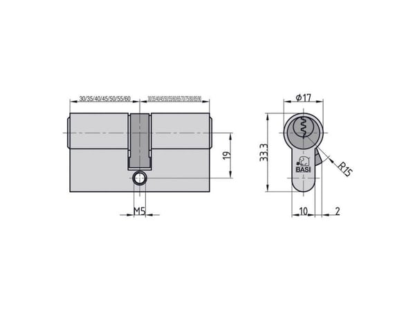 BASI 5001-0000-0034, Europrofilsylinder, Kromfarge, 3 stykker, 230 g, 1,5 cm
