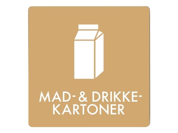 Skilt affaldspiktogram MAD- & DRIKKE- KARTONNER 12x12 cm, alu., brun/hvid