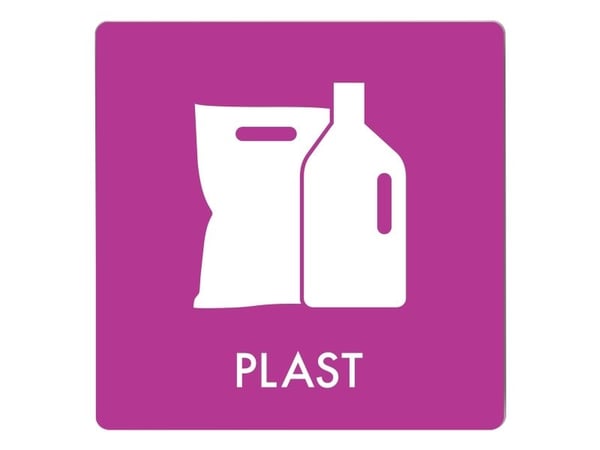 Skylt avfallspiktogram PLAST 12x12 cm, aluminium, lila/vit
