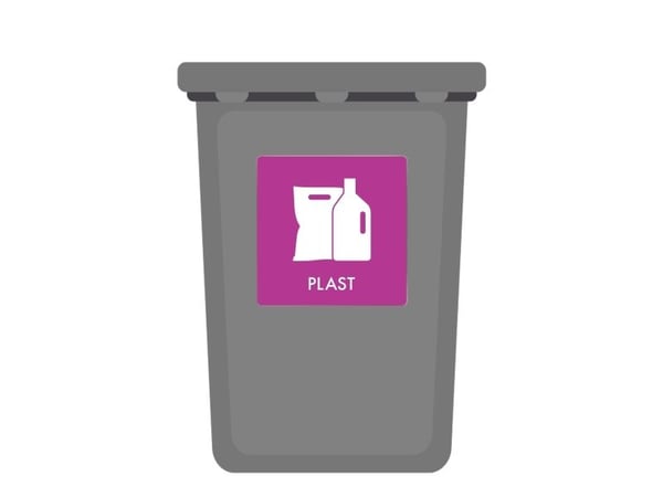 Skilt affaldspiktogram PLAST 12x12 cm, aluminium, lilla/hvid