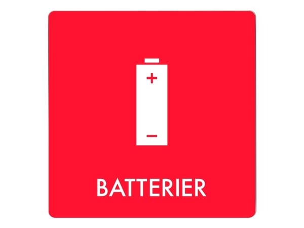 Skilt affaldspiktogram BATTERIER 12x12 cm, aluminium, rød/hvid