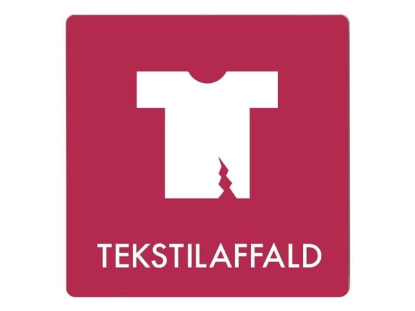 Skilt affaldspiktogram TEKSTILAFFALD 12x12 cm, aluminium, bordeaux/hvid