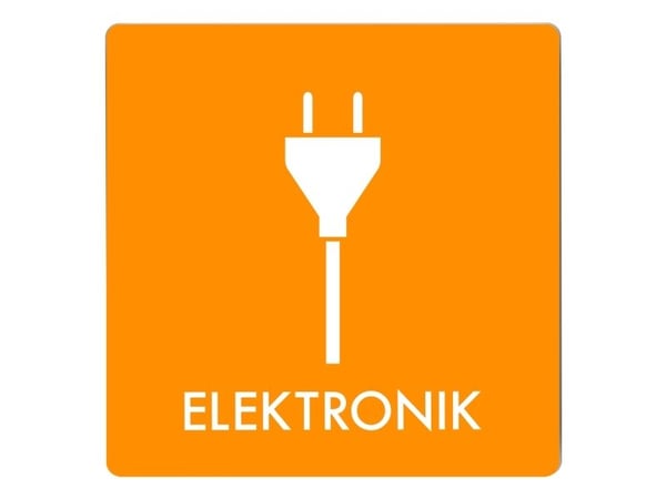 Skilt affaldspiktogram ELEKTRONIK 12x12 cm, aluminium, orange/hvid