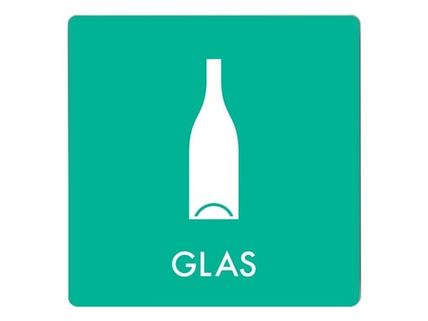 Skilt affaldspiktogram GLAS 12x12 cm, aluminium, turkis/hvid