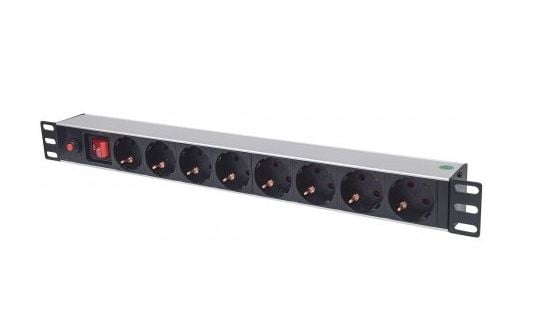 Intellinet 19" 1U 1U Rackmount 8-Way Power Strip - saksalainen tyyppi, On/Off-kytkimellä ja ylikuormitussuojalla, 3m virtajohto - pistorasia (rack-...
