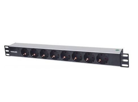 Intellinet 714037, 1U, Horisontal, Aluminium, Aluminium, Svart, 8 AC-utganger, Type F