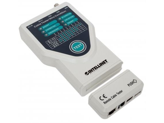 Intellinet 780094, UTP/STP-kaapelitestaaja, BNC, IEEE-1394, RJ-11, RJ-45, USB, Oikosulkutestaus, Lähetystestaus, LED, Harmaa, 31 mm