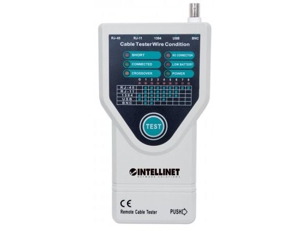 Intellinet 780094, UTP/STP-kaapelitestaaja, BNC, IEEE-1394, RJ-11, RJ-45, USB, Oikosulkutestaus, Lähetystestaus, LED, Harmaa, 31 mm