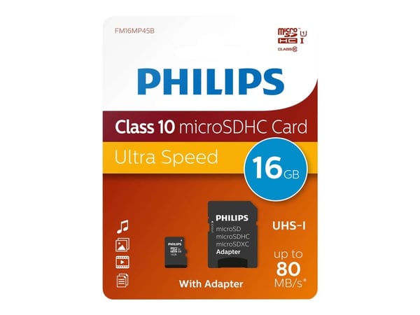 Philips FM16MP45B - Flash-muistikortti (microSDHC-SD-sovitin sisältyy) - 16 GB - Luokka 10 - microSDHC UHS-I
