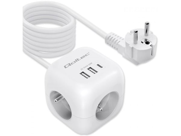 Qoltec 6in1-virtajatkokuutio valaistulla kytkimellä | 3x AC | 2x USB | 1x USB-C PD 20W | Valkoinen | 2m kaapeli | 2m kaapeli