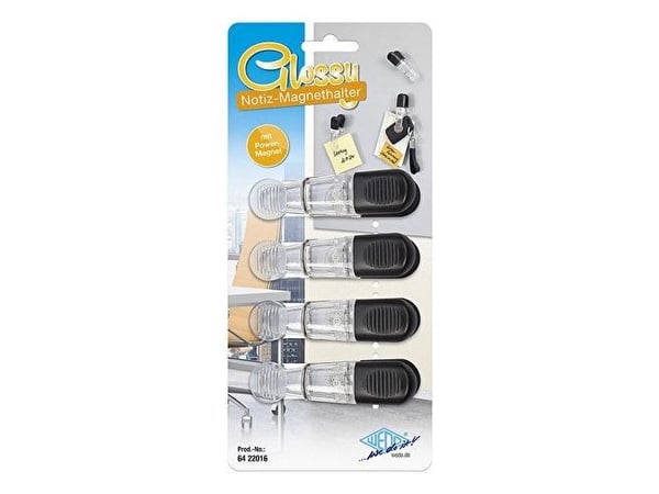 WEDO muistiinpanomagneetin pidike GLOSSY, 4 kpl, musta/selkeälasinen magneetti, jossa on käytännöllinen muoviklipsi, jossa - 1 kpl (64 22016)