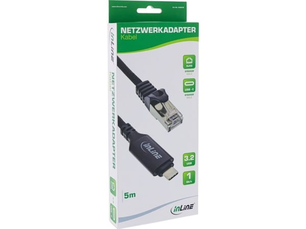 InLine® USB 3.2 -verkkosovittimen kaapeli, Gigabit, USB-C RJ45-pistokkeeseen, 5m (33381B)