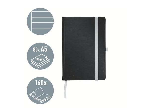 Leitz Style - Notisbok - eskebundet - A5 (145 x 210 mm) - 80 ark / 160 sider - elfenbenspapir - lined - satengsvart omslag