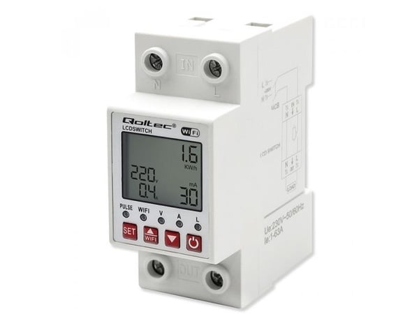 Qoltec - Strømovervåkingsenhet (DIN-skinnemonterbar) - Wi-Fi with electricity meter, timer, Tuya, LED - AC 80-400 V - hvit