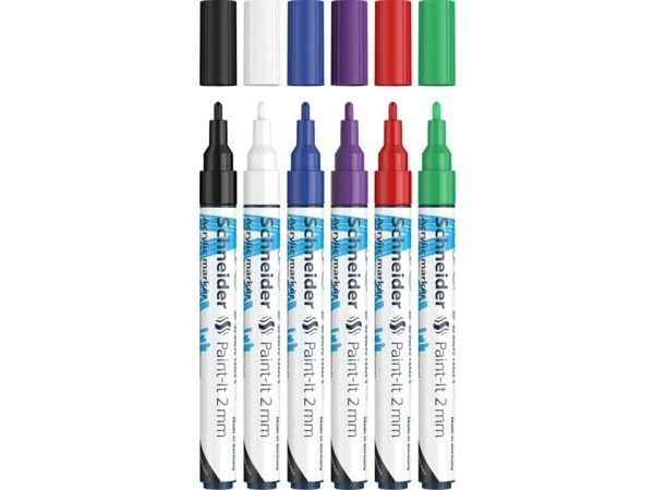 Schneider Schreibgeräte Paint-It, 6 stykker, Sort, Blå, Grønn, Lilla, Rød, Hvit, Projektil spiss, Sort, Blå, Grønn, Lilla, Rød, Hvit, Rund, 2 mm