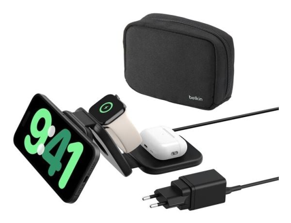 Belkin BoostCharge Pro 3-in-1 - Trådløs ladepute - magnetisk med Qi2 + AC-strømadapter - 15 watt - 3 A - MFI-sertifisert
