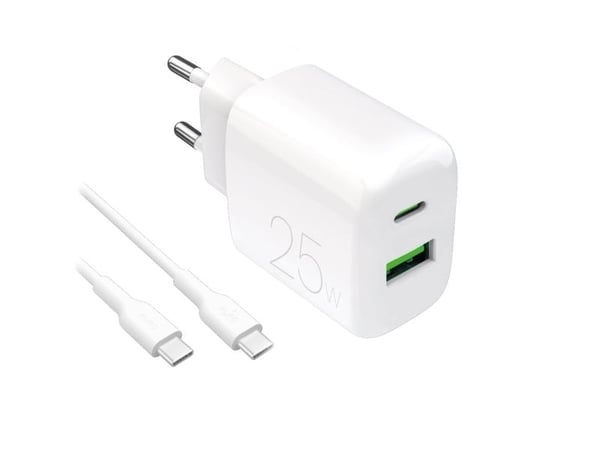 Puro PROLITE 25W USB-A / USB-C verkkolaturi + USB-C - USB-C 1,2m kaapeli - valkoinen