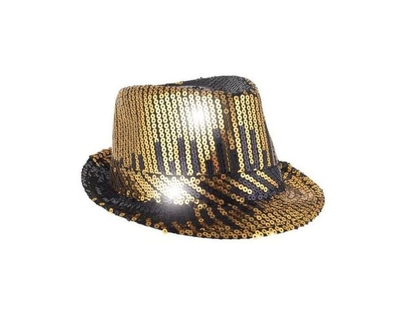 Fedora hat med pailletter, guld og sort