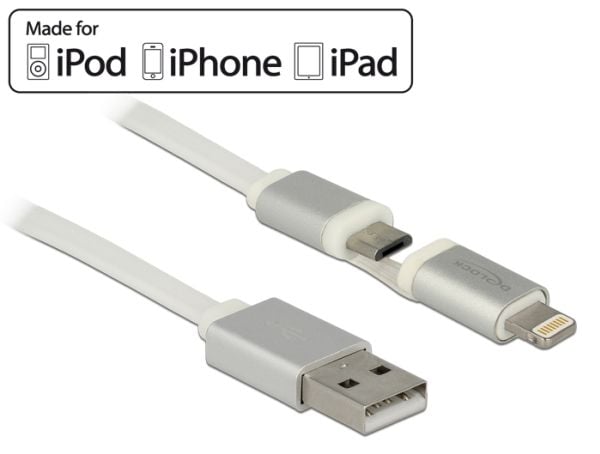 DeLOCK USB 2.0 A - Lightning / USB 2.0 micro-B, 1 m, 1 m, USB A, Micro-USB B/Lightning, Uros/uros, Valkoinen