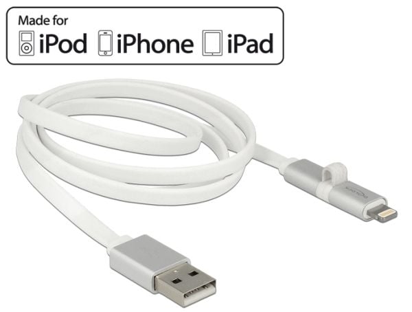 DeLOCK USB 2.0 A - Lightning / USB 2.0 micro-B, 1 m, 1 m, USB A, Micro-USB B/Lightning, Uros/uros, Valkoinen