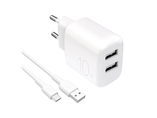 Puro PROLITE 10W 2x USB-A verkkovirtalaturi + USB-A - USB-C 1.2m kaapeli - valkoinen