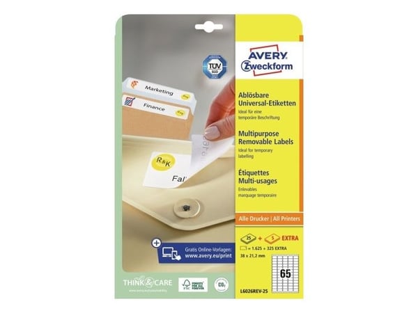 Avery L6026REV-25, hvitt, rektangulært, flyttbart, A4, universalpapir