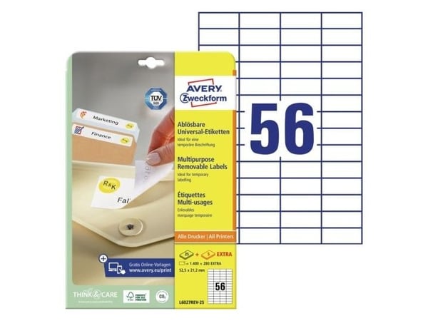 Avery L6027REV-25, hvitt, rektangulært, flyttbart, A4, universalpapir
