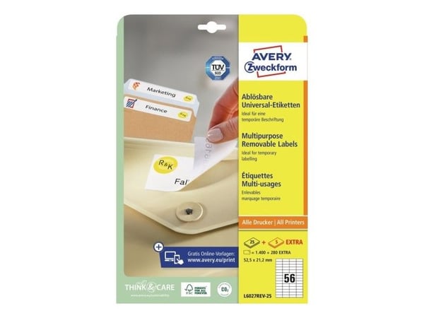 Avery L6027REV-25, Valkoinen, Suorakulmio, Irroitettava, A4, Universaali, Paperi