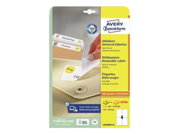 Avery L6028REV-25, hvitt, rektangulært, flyttbart, A4, universalpapir