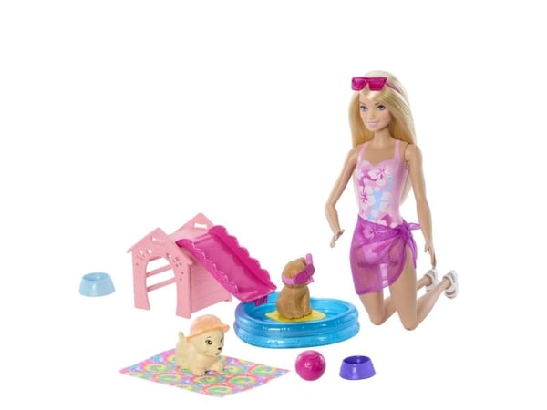 Barbie Puppy Pool Party -lelupakkaus, jossa nukke, allas, koirankoppi ja liukumäki, 2 lemmikkihahmoa ja 6 tarviketta, Muotinukke, Naaras, 3 vuosi/v...
