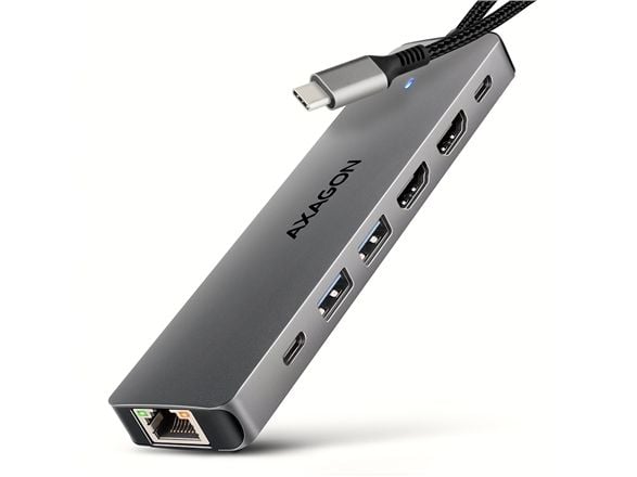 AXAGON HMC-7HX2 USB-hub, 2x USB-A, 1x USB-C, 2x HDMI 2.0, 1x RJ45, 100 W PD – sølv