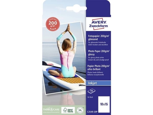 Avery C2549-20P, Högglans, 200 g/m ^, Bläckstråleskrivare, 10x15 cm, Vit, 40 ark