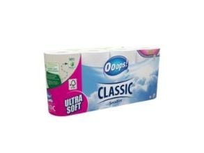 Toalettpapper Ooops! Classic Sensitive 3-lagers Ø10,6 cm L15,8 m x B9,3 cm nyfiber vit, 6 pack (8 rullar) 1 st/krt