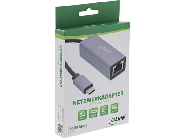 InLine 33380Q, USB Type-C, RJ-45, Hankoppling, Grå, 0,15 m, Data, Energiljus