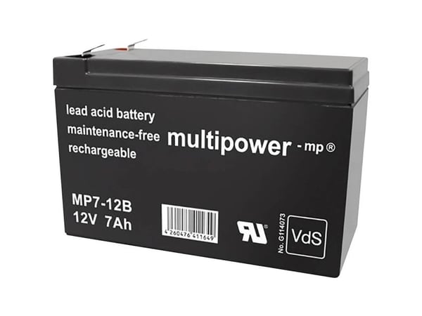 multipower MP7-12B blybatteri 12 V 7 Ah blyfleece (B x H x T) 65 x 102 x 151 mm flatstift 6,35 mm vedlikeholdsfritt lav selvutlading VDS-sertifisert