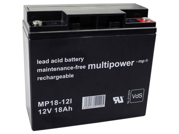Multipower MP18-12I blybatteri 12 V 18 Ah blyfleece, (B x H x T) 181 x 167 x 76 mm, kontaktpol, vedlikeholdsfritt, lav selvutladning, VDS-sertifisert