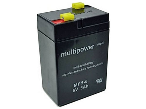 multipower MP5-6 blybatteri 6 V 5 Ah blyfleece 70 x 106 x 47 mm flatstift 4,8 mm vedlikeholdsfritt lav selvutlading