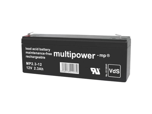 multipower MP2,3-12 blybatteri 12 V 2,3 Ah blyfleece (178 x 66 x 34 mm) kontaktpol