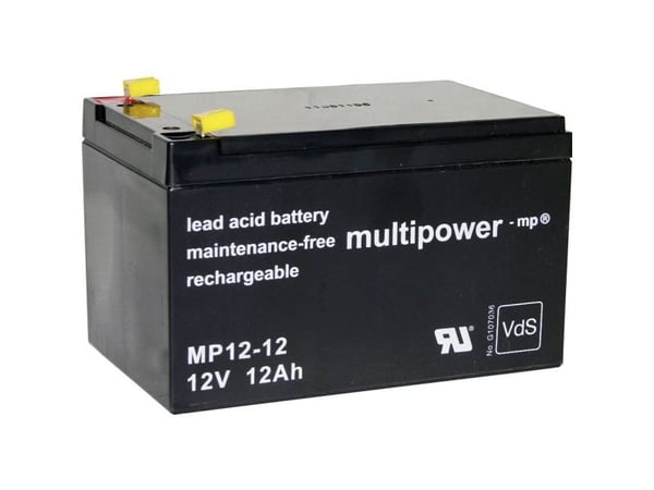 multipower MP12-12 blybatteri 12 V 12 Ah, blyfleece (B x H x D) 98 x 98 x 151 mm, kontaktpol, vedlikeholdsfritt, lav selvutladning, VDS-sertifisert