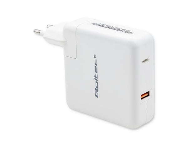 Qoltec GaN FAST - Strømadapter - 108 watt - 4.7 A - PD - 2 utgangskontakter (USB, USB-C) - hvit